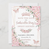 Cherry Blossoms Rose Gold Butterflies Süß 16 Save The Date (Vorderseite)