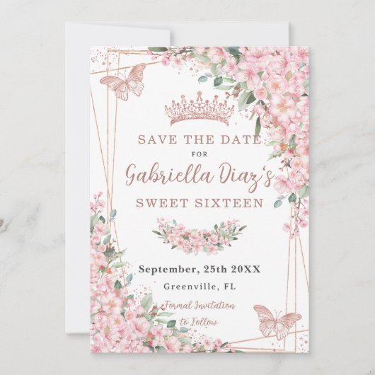 Cherry Blossoms Rose Gold Butterflies Süß 16 Save The Date (Vorderseite)