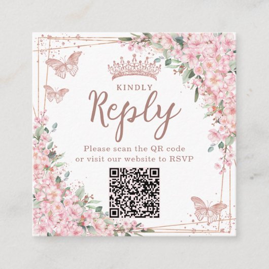 Cherry Blossoms Rose Gold Quinceanera QR Code Begleitkarte (Vorderseite)