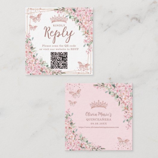 Cherry Blossoms Rose Gold Quinceanera QR Code Begleitkarte (Vorne/Hinten)