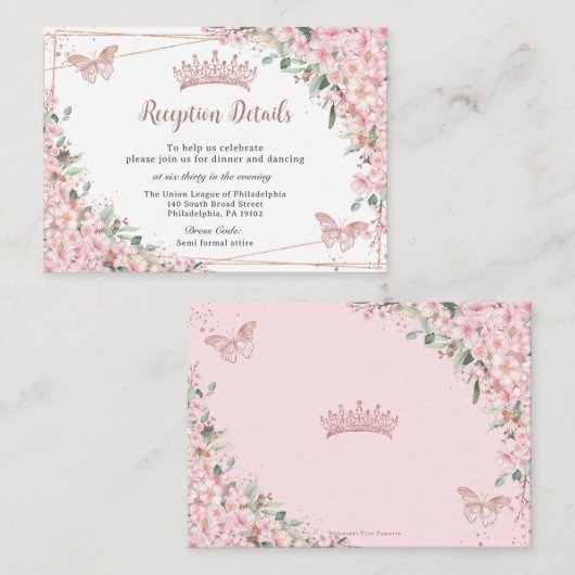 Cherry Blossoms Rose Gold Schmetterlinge Quinceañe Begleitkarte (Vorne/Hinten)