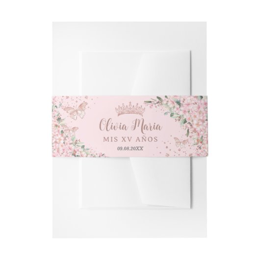 Cherry Blossoms Rose Gold Schmetterlinge Quinceane Einladungsbanderole (Vorderseite Beispiel)