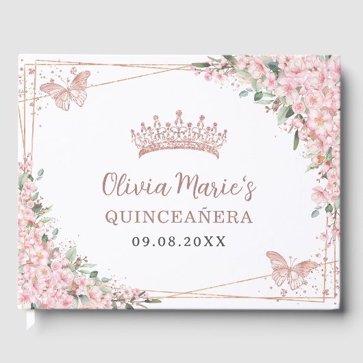 Cherry Blossoms Rose Gold Schmetterlinge Quinceane Gästebuch (Vorderseite)
