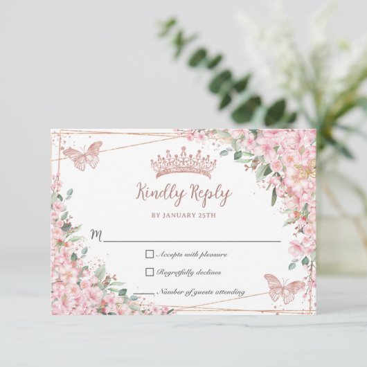 Cherry Blossoms Rose Gold Schmetterlinge Quinceañe RSVP Karte (Stehend Vorderseite)