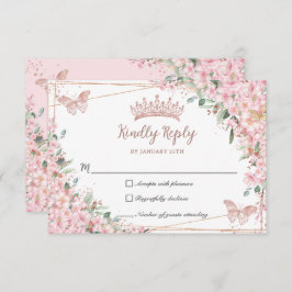 Cherry Blossoms Rose Gold Schmetterlinge Quinceañe RSVP Karte