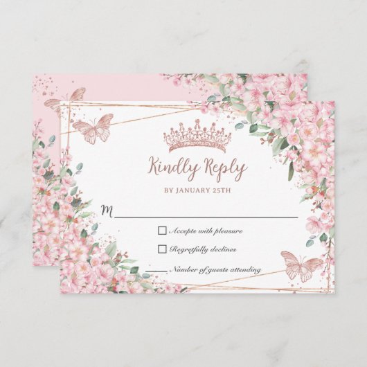 Cherry Blossoms Rose Gold Schmetterlinge Quinceañe RSVP Karte (Vorne/Hinten)