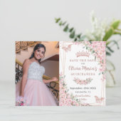 Cherry Blossoms Rose Gold Schmetterlinge Quinceañe Save The Date (Stehend Vorderseite)