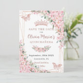 Cherry Blossoms Rose Gold Schmetterlinge Quinceañe Save The Date (Stehend Vorderseite)