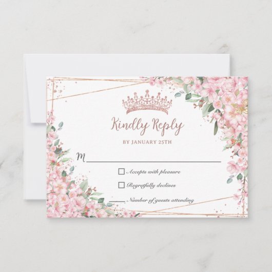 Cherry Blossoms Rose Gold Sweet 16 Quinceañera XV RSVP Karte (Vorderseite)