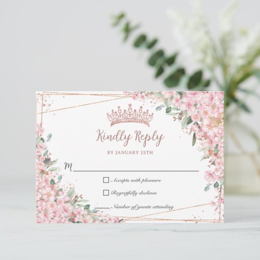 Cherry Blossoms Rose Gold Sweet 16 Quinceañera XV RSVP Karte (Stehend Vorderseite)
