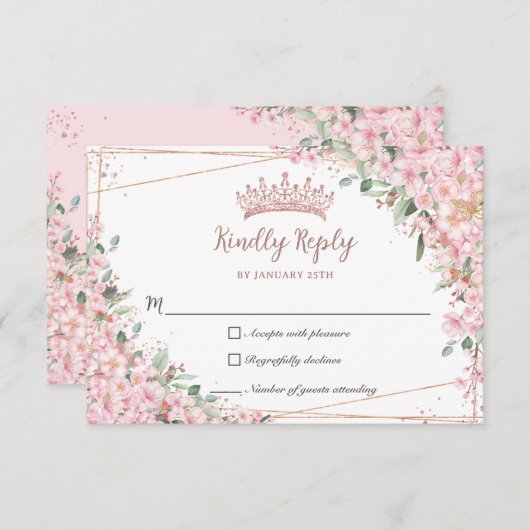 Cherry Blossoms Rose Gold Sweet 16 Quinceañera XV RSVP Karte (Vorne/Hinten)