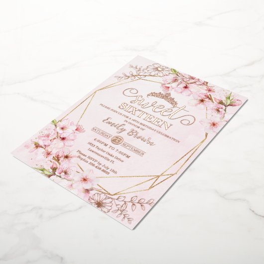 Cherry Blossoms Sakura Pink Sweet 16 Rose Gold Folieneinladung (Gedreht)