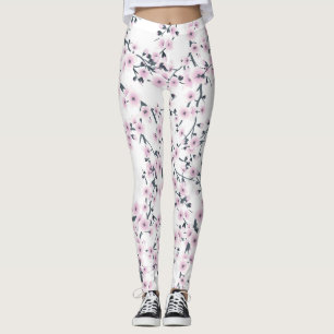 Cherry Blossoms Sakura Pink White Leggings
