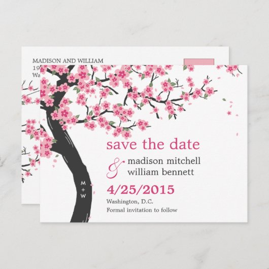 Cherry Blossoms Save the Date Postkarte (Vorne/Hinten)