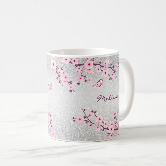 Cherry Blossoms Silver Glitzer Monogram Floral Kaffeetasse (VorderseiteRechts)