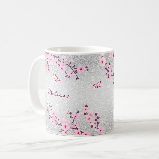 Cherry Blossoms Silver Glitzer Monogram Floral Kaffeetasse (Vorderseite Links)