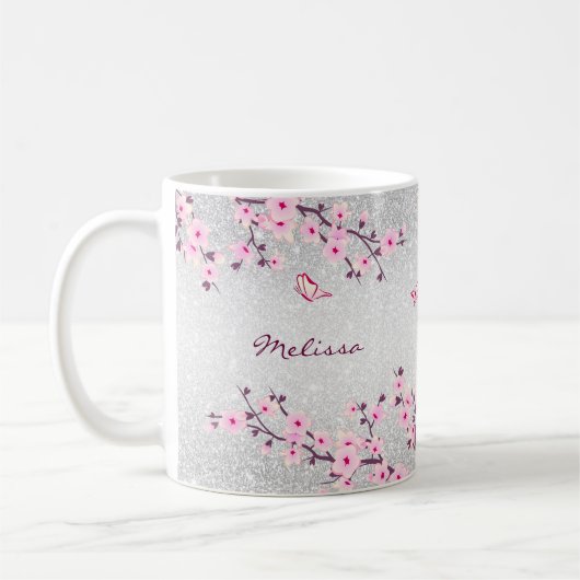 Cherry Blossoms Silver Glitzer Monogram Floral Kaffeetasse (Links)