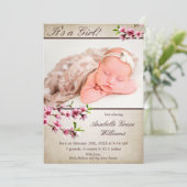 Cherry Blossoms Tan Foto Geburtsankündigung Ankündigung (Stehend Vorderseite)