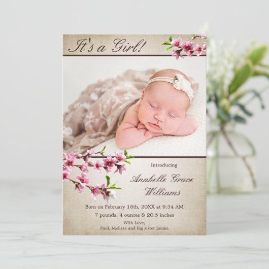 Cherry Blossoms Tan Foto Geburtsankündigung Ankündigung (Stehend Vorderseite)