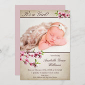 Cherry Blossoms Tan Foto Geburtsankündigung Ankündigung (Vorne/Hinten)