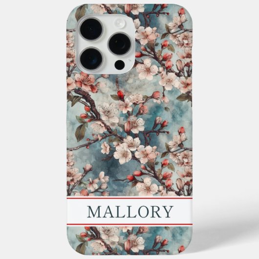 Cherry Blossoms Teal Sakura Print Monogrammed Case-Mate iPhone Hülle (Rückseite)