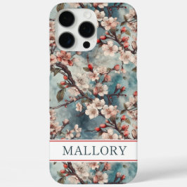 Cherry Blossoms Teal Sakura Print Monogrammed iPhone 16 Pro Max Hülle
