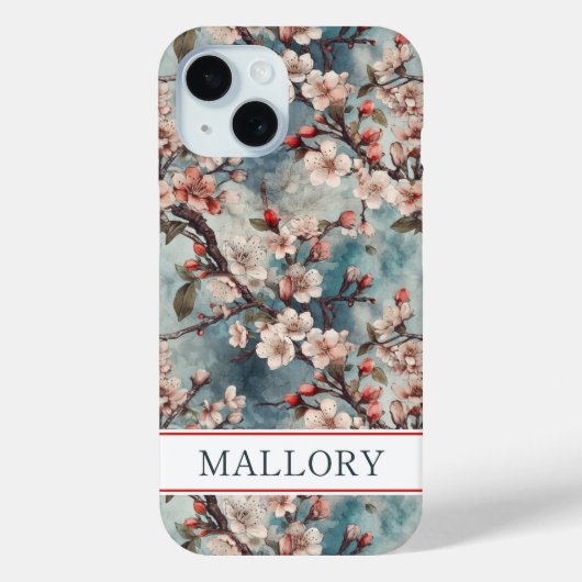 Cherry Blossoms Teal Sakura Print Monogrammed Case-Mate iPhone Hülle (Rückseite)