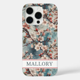 Cherry Blossoms Teal Sakura Print Monogrammed iPhone 16 Pro Hülle
