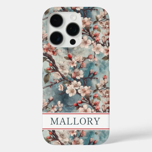 Cherry Blossoms Teal Sakura Print Monogrammed Case-Mate iPhone Hülle (Rückseite)