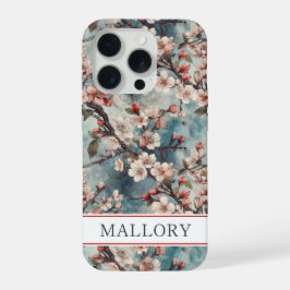 Cherry Blossoms Teal Sakura Print Monogrammed iPhone 15 Pro Hülle