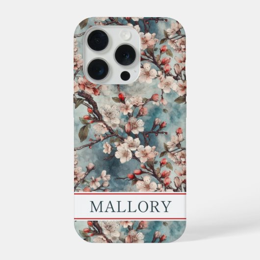 Cherry Blossoms Teal Sakura Print Monogrammed iPhone Hülle (Rückseite)