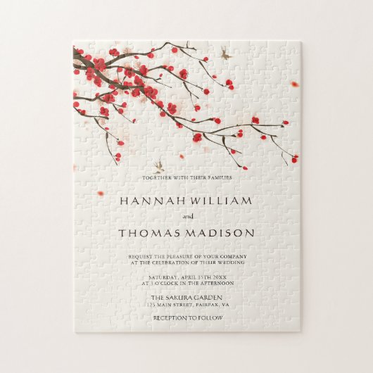 Cherry Blossoms Watercolor Wedding Invitation Puzzle (Vertikal)