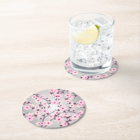 Cherry blüht Asien Blumenrosa Grau Runder Pappuntersetzer (Vor Ort)