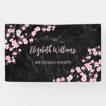 Cherry blüht rosa Banner aus schwarzem Marmor