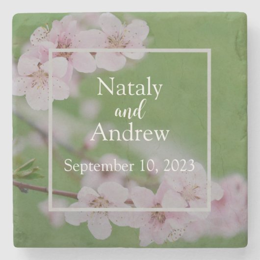 Cherry Blume auf grünem Hintergrund Blumenzehen Steinuntersetzer (Vorderseite)