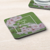 Cherry-Blume auf grünem Hintergrund Getränkeuntersetzer (Linke Seite)