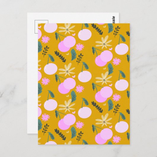 Cherry Blumengrün Muster Gelb Rosa Postkarte (Vorne/Hinten)