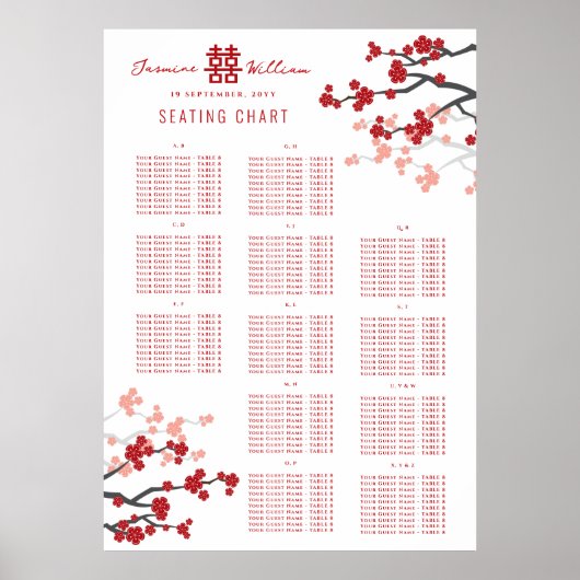 Cherry Blüten Double Xi Asian Wedding Chart Poster (Vorne)
