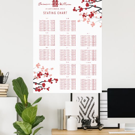 Cherry Blüten Double Xi Asian Wedding Chart Poster (Heimbüro)