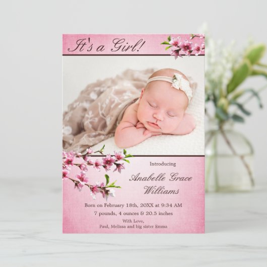 Cherry Blüten Rosa Foto Geburtserklärung Ankündigung (Stehend Vorderseite)