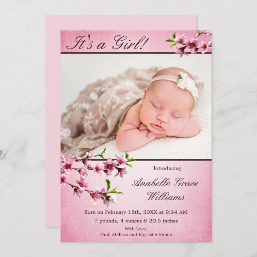 Cherry Blüten Rosa Foto Geburtserklärung Ankündigung (Vorne/Hinten)