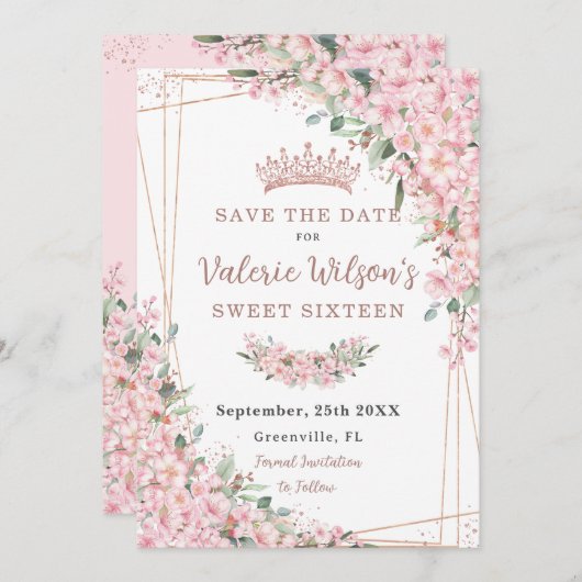 Cherry Blüten Rose Gold Süße 16 Quinceañera Save The Date (Vorne/Hinten)