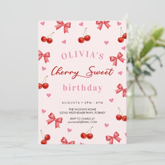 Cherry Bow Birthday Einladung (Stehend Vorderseite)