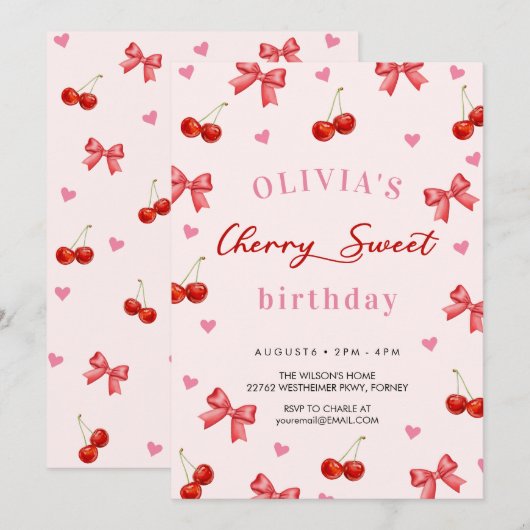 Cherry Bow Birthday Einladung (Vorne/Hinten)