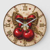 Cherry Bow Cute Leopard Print Coquette Cherry Große Wanduhr (Vorderseite)