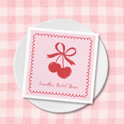 Cherry Bow Pink & Red Hand Drawing Brautparty Serviette