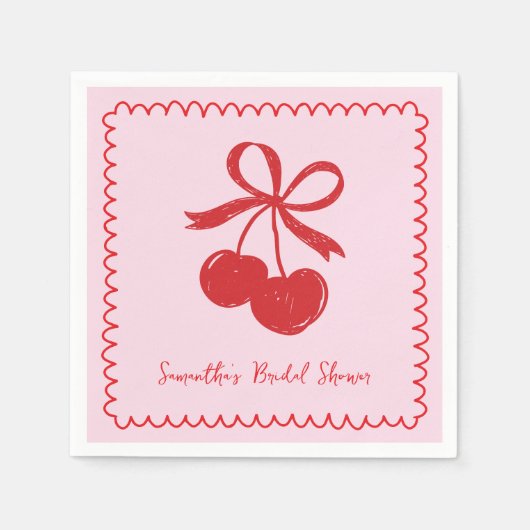 Cherry Bow Pink & Red Hand Drawing Brautparty Serviette (Vorderseite)