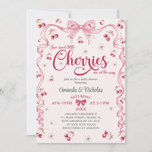 Cherry Bow Twin Girls Baby Shower Einladung (Vorderseite)