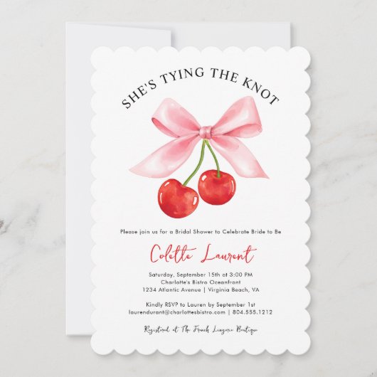 Cherry Bow verbindet das knochenhölzerne Brautpart Einladung (Vorderseite)