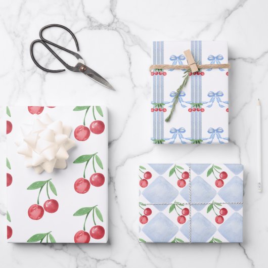 Cherry Bows Watercolor Geschenkpapier Set (Vorderseite)